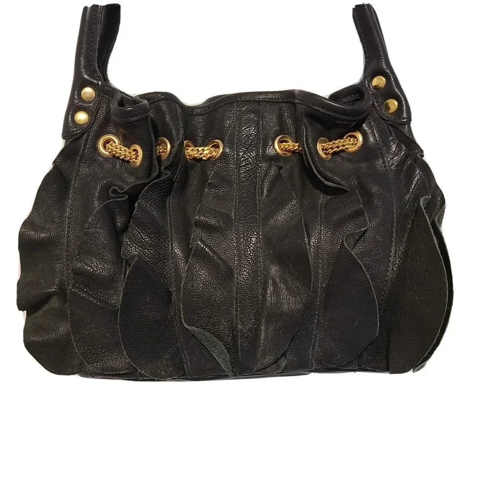 WOMEN'S Be & D HOBO SHOULDER BAG BLACK LEATHER WITH RUFFLES AND CHAIN MADE USA